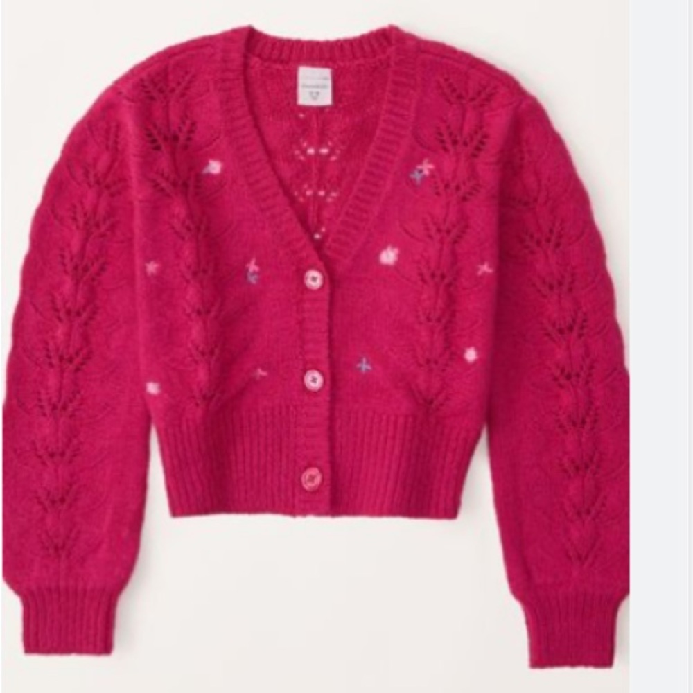 girls pink abercrombie & fitch knit cardigan sweater with embroided flowers